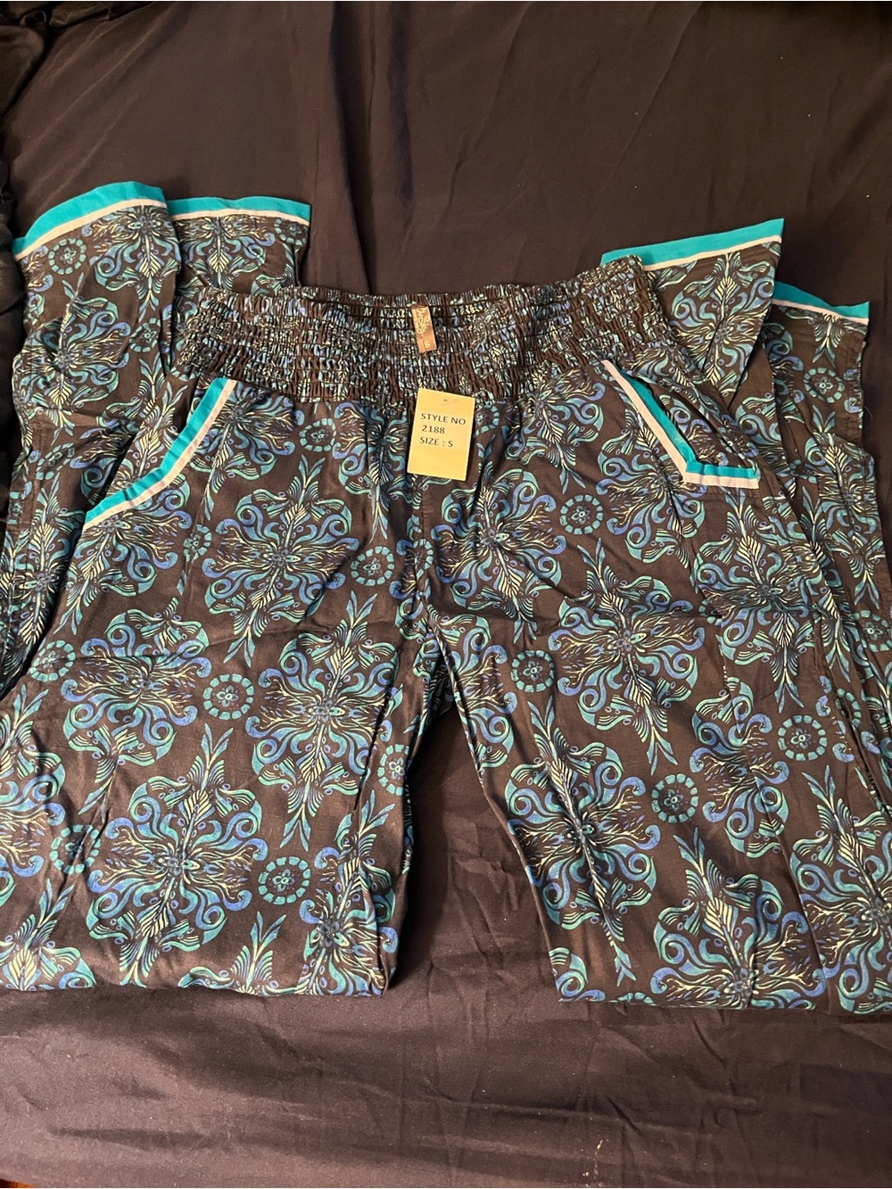 Women’s Black Floral-Print Joggers with Turquoise Trim